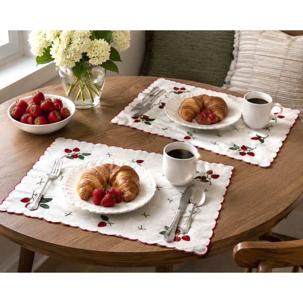 Vintage Strawberry Embroidered Linen Placemats Set of 2 Red Scalloped Cottage
